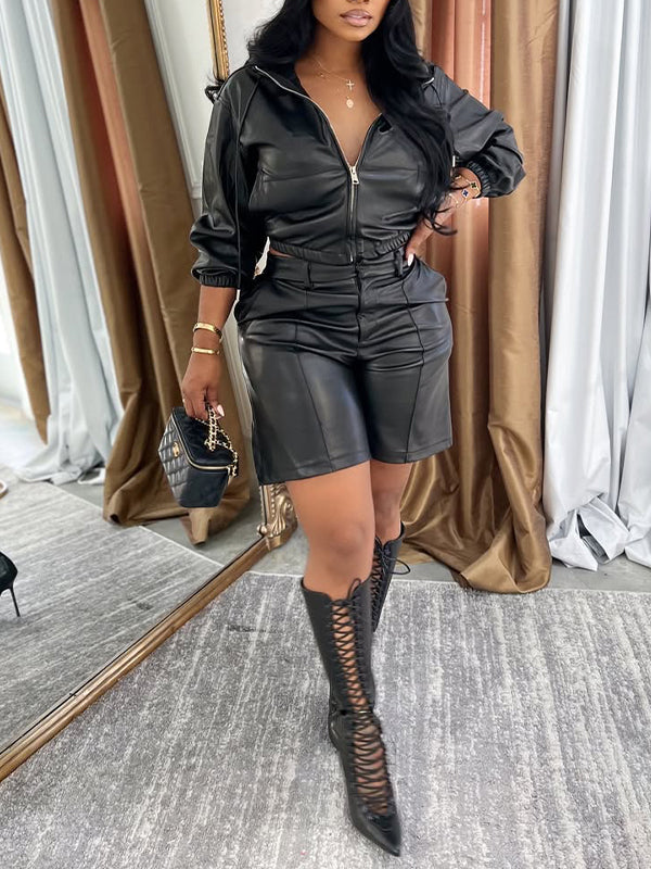 Faux-Leather Hoodie & Shorts Set--Clearance