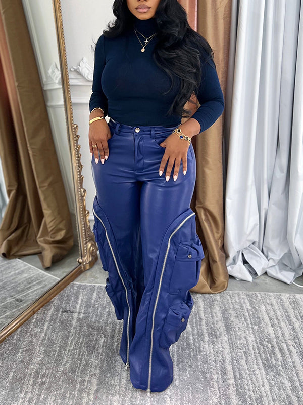 Faux-Leather Cargo Pants Blue