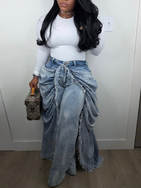 Ruched Draped Jeans Light Wash Blue