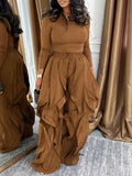 Solid Tee & Frilled Pants Set Brown