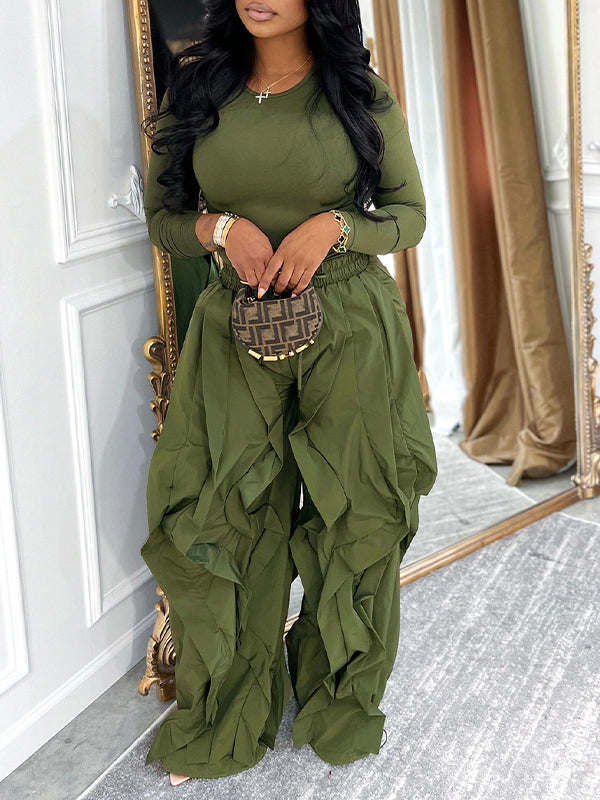 Solid Tee & Frilled Pants Set Green