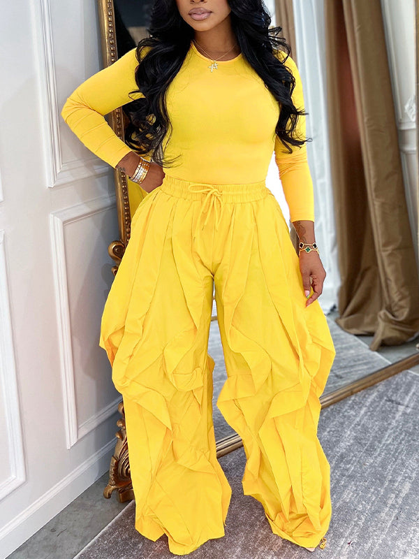 Solid Tee & Frilled Pants Set Yellow