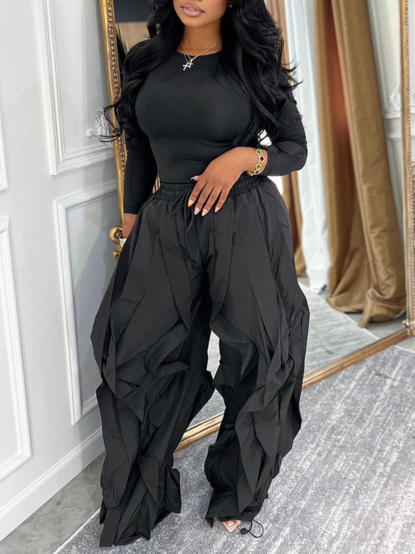 Solid Tee & Frilled Pants Set Black