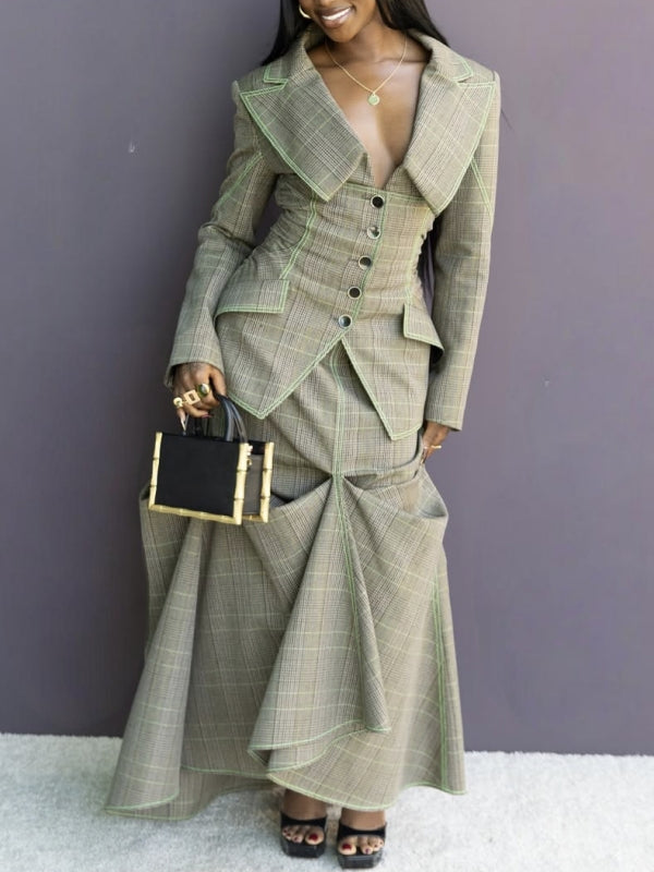 Plaid Blazer & Skirt Set--Clearance Khaki S