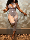 Shimmer One-Shoulder Cutout Jumpsuit Beige