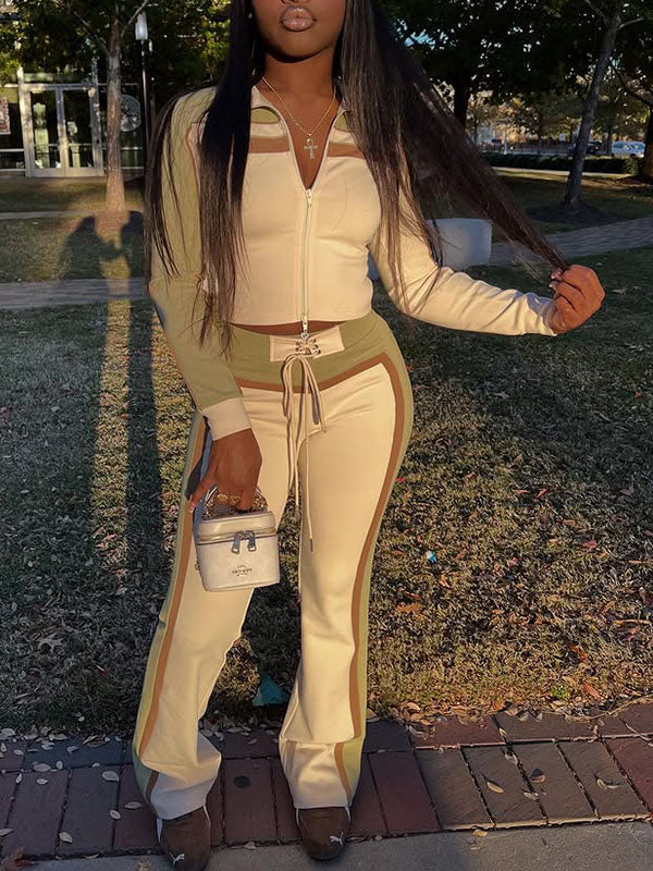 Colorblock Zip-Front Jacket & Pants Set Beige