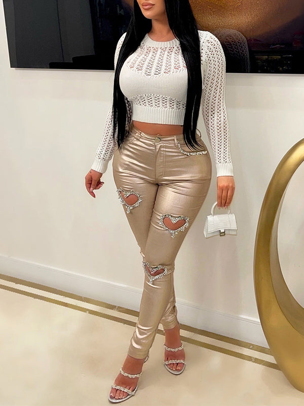 Heart Studded Metallic Pants Golden