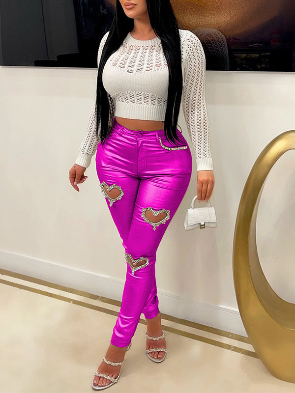 Heart Studded Metallic Pants Hot Pink
