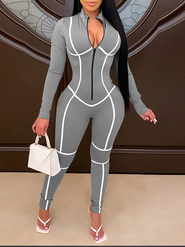 Stripe Zip-Front Jumpsuit Gray