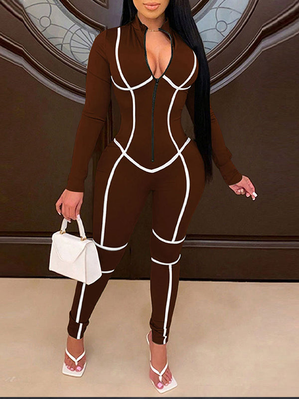 Stripe Zip-Front Jumpsuit Brown