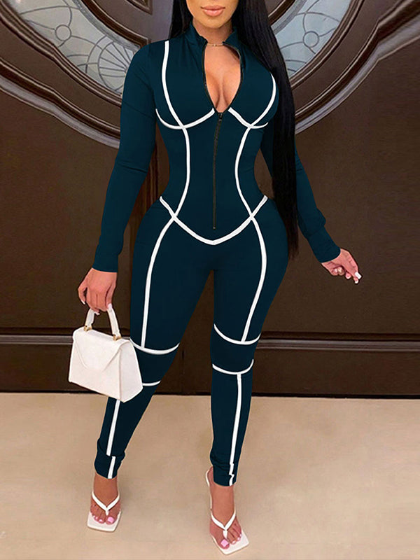 Stripe Zip-Front Jumpsuit Teal
