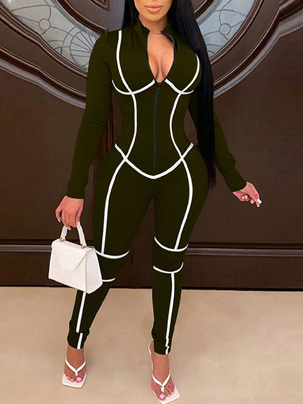 Stripe Zip-Front Jumpsuit Forest