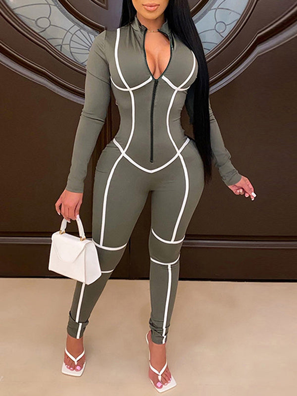 Stripe Zip-Front Jumpsuit Olive
