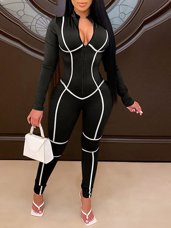 Stripe Zip-Front Jumpsuit Black