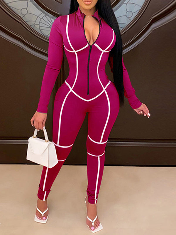 Stripe Zip-Front Jumpsuit Hot Pink