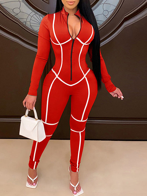 Stripe Zip-Front Jumpsuit Red