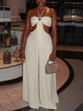 Halter Cutout Wide-Leg Jumpsuit Beige