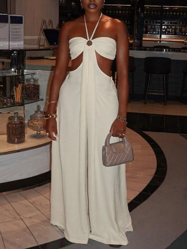 Halter Cutout Wide-Leg Jumpsuit Beige