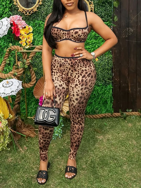 Leopard Bandeau Top & Pants Set Brown