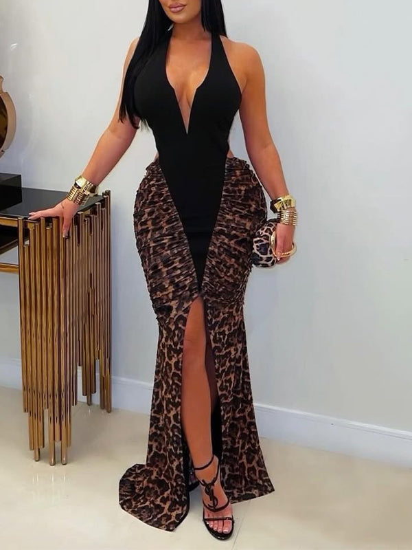 Leopard Combo Halter Dress Black