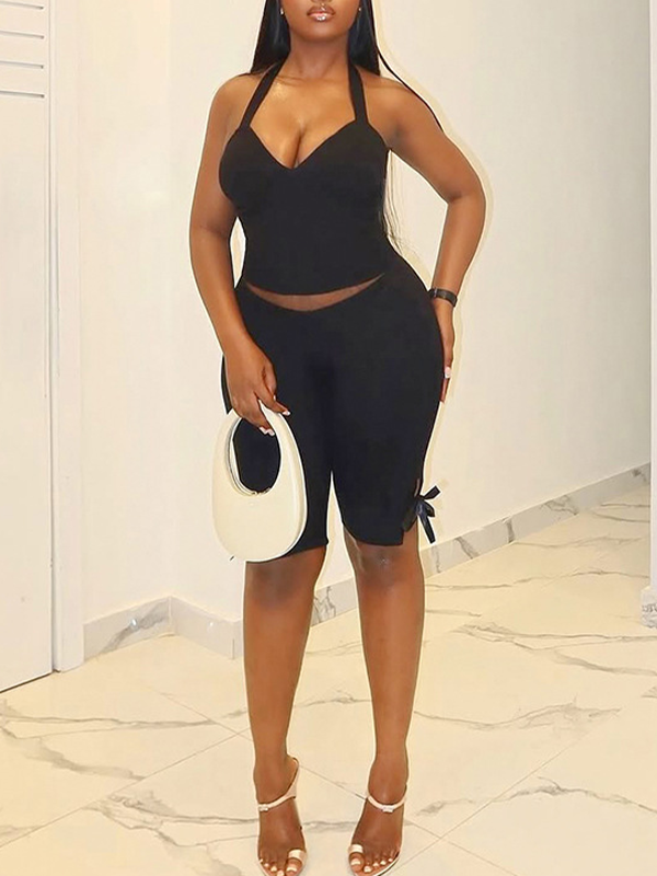 Solid Halter Top & Tied Shorts Set Black