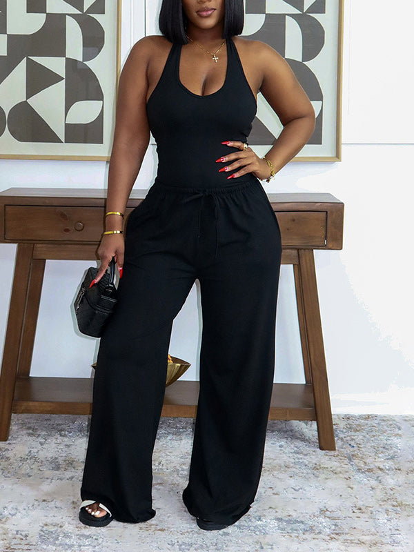 Solid Tank Top & Wide-Leg Pants Set Black