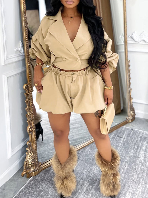 Lapel Jacket & Bubble Shorts Set Khaki