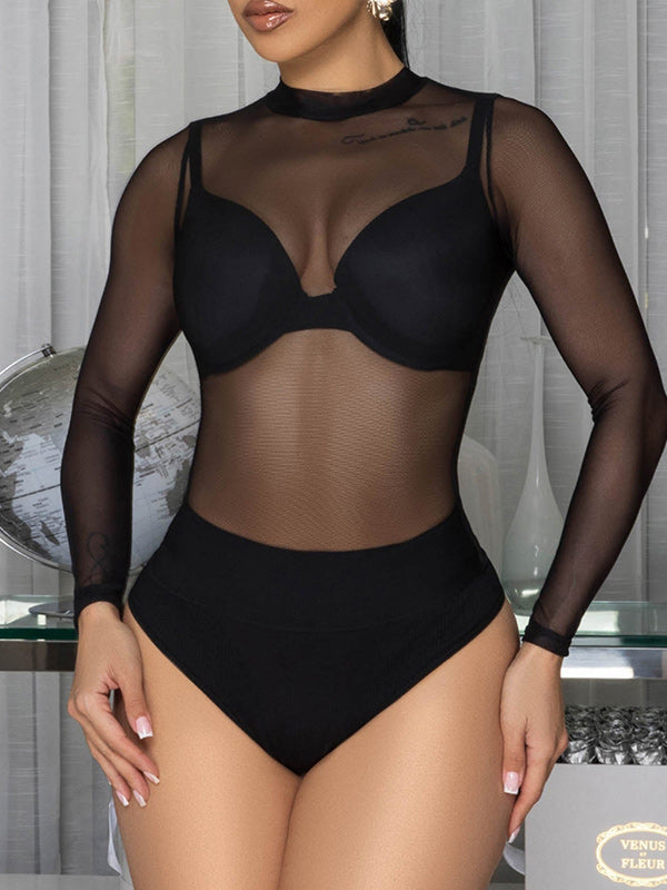 Solid Sheer Bodysuit Black
