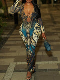Printed V-Neck Slit Dress Multicolor