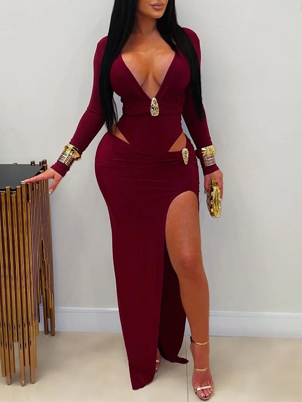 V-Neck Cutout Slit Dress Burgundy