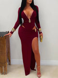 V-Neck Cutout Slit Dress Burgundy