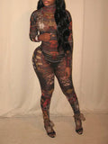Printed Mock-Neck Sheer Jumpsuit Black