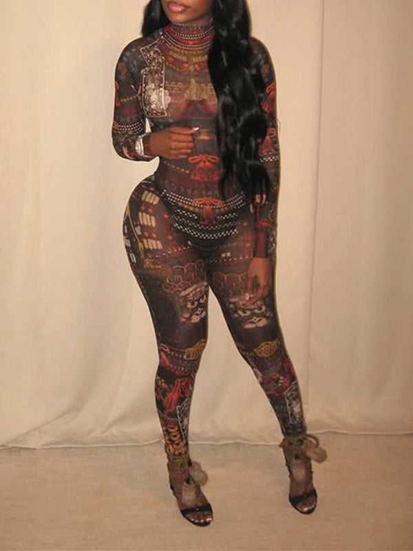 Printed Mock-Neck Sheer Jumpsuit Black