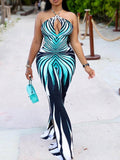 Printed Halter Flared Jumpsuit Blue
