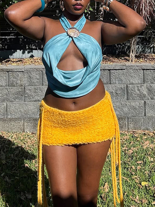 Cowl-Neck Halter Top Blue
