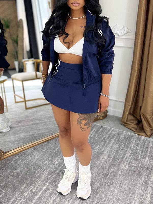 Zip-Front Jacket & Skirt Set Navy