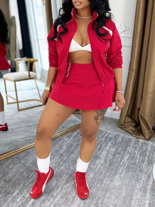 Zip-Front Jacket & Skirt Set Red