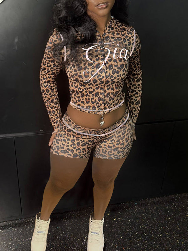 Printed Zip-Front Hoodie & Shorts Set Brown
