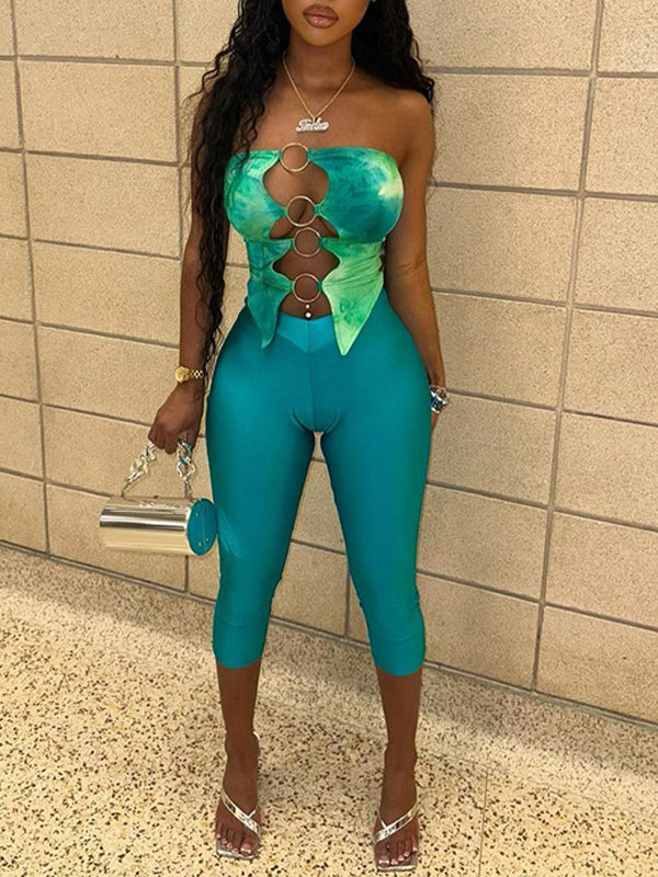 Cutout Tube Top & Capri Pants Set Green