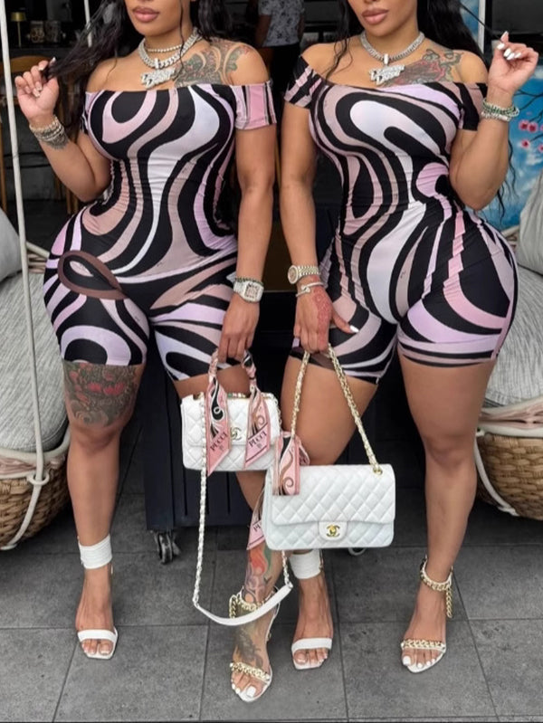 Printed Off-Shoulder Romper Pink