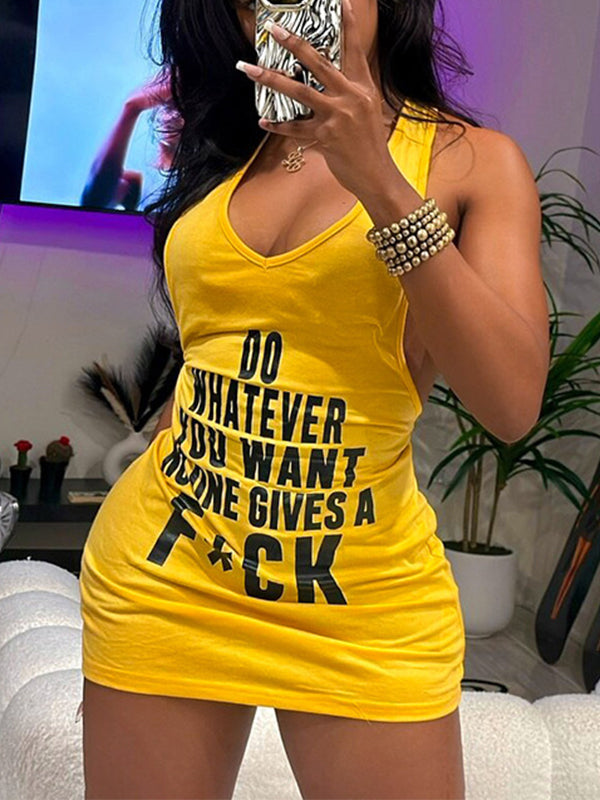Letter-Print Sleeveless Dress Yellow
