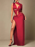 Solid Cutout Slit Maxi Dress Red
