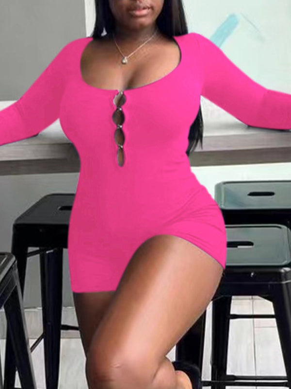 Button-Front Skinny Romper Hot Pink