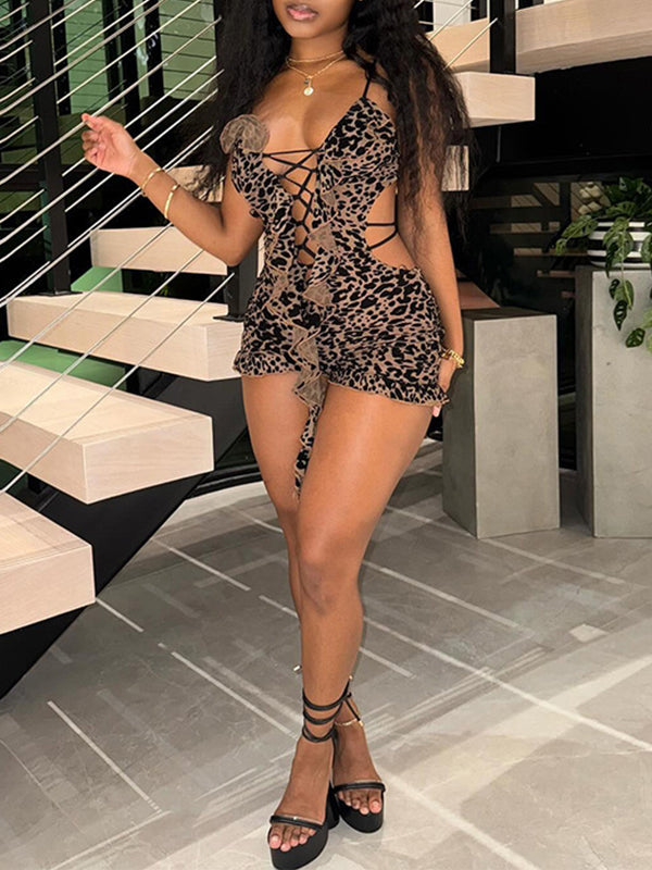Leopard Lace-Up Romper Brown