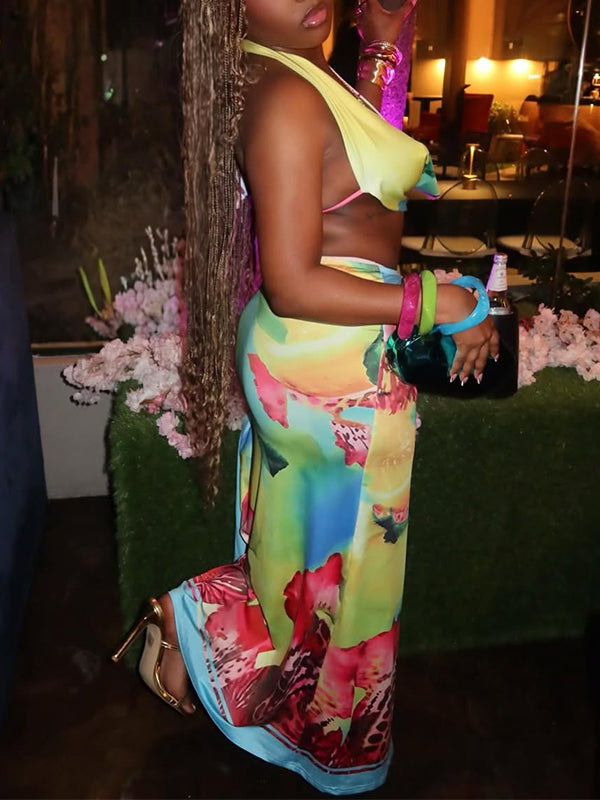 Printed Halter Top & Slit Skirt Set