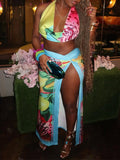 Printed Halter Top & Slit Skirt Set Multicolor