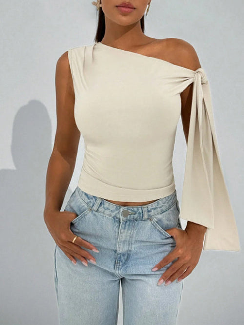 Boat-Neck Tied Tee Beige