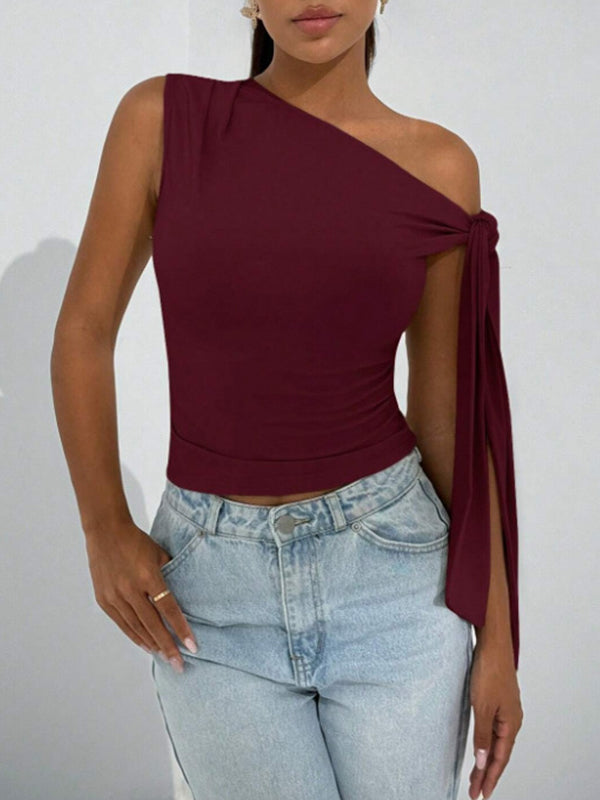 Boat-Neck Tied Tee Burgundy