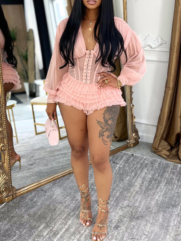 V-Neck Frilled Romper Pink