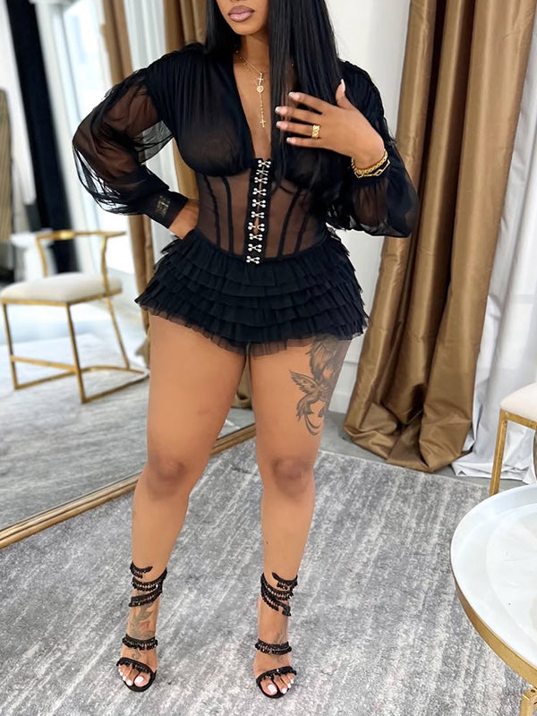 V-Neck Frilled Romper Black